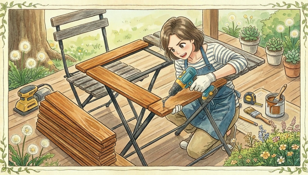 DIYでウッドデッキの家具を補修
